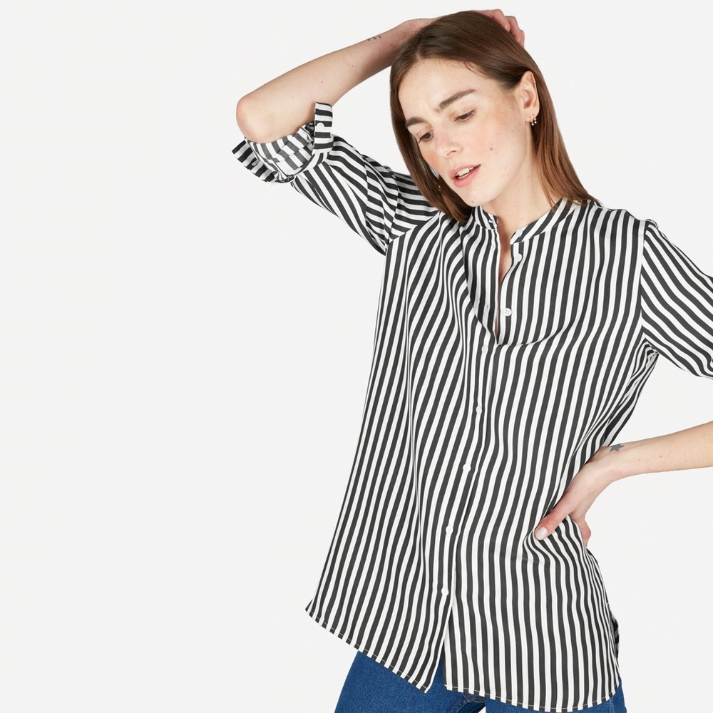 Everlane Black & White Striped Silk Button Up Sz 6